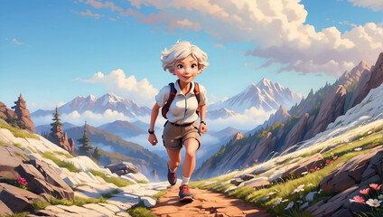 An energetic middle-aged woman with a short haircut, wearing shorts and carrying a backpack, walks up the trail uphill. Anime style illustration. - obrazy, fototapety, plakaty