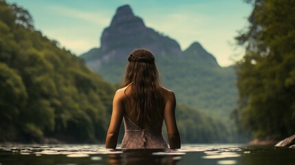 Close-up of woman practicing wild swimming, relaxing in mountain lake in nature, back view. create using a generative ai tool 