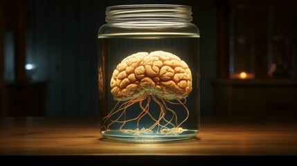 Creepy science experiment, brain in a jar. create using a generative ai tool 