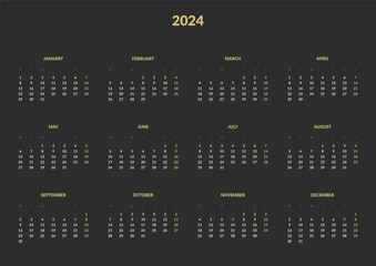 2024 Annual Calendar template. Vector layout of a wall or desk simple calendar with week start Monday. Calendar design in yellow and dark colors