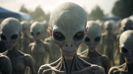 Crowd alien, group ufo creepy humanoid looking at camera outdoors. create using a generative ai tool 