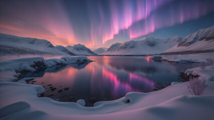 Winter Fjord mit pinken Nordlichtern - obrazy, fototapety, plakaty