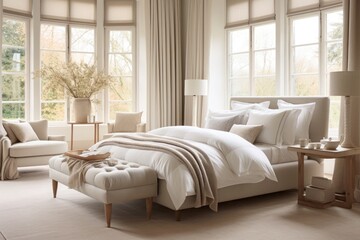 Interior of cozy light bedroom in cream tones with large windows on both sides