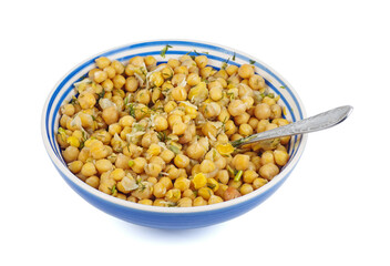 Boiled chickpeas in the plate isolated on a white background