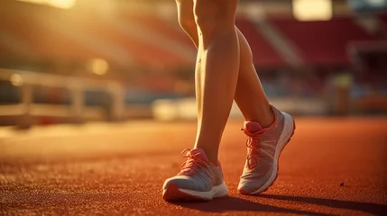 Fotobehang Woman runner holding leg suffering from muscle and tendon sprain pain in ankle at outdoor stadium, close-u. create using a generative ai tool  © Ahtesham