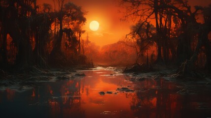 a sunset over a swamp