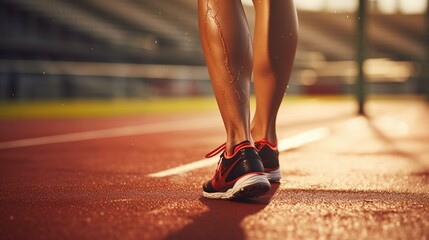 Woman runner holding leg suffering from muscle and tendon sprain pain in ankle at outdoor stadium, close-u. create using a generative ai tool  - obrazy, fototapety, plakaty