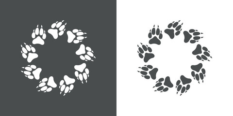 Logo pet friendly. Silueta de marco circular con zarpas de perro o lobo para su uso en tarjetas y felicitaciones © teracreonte