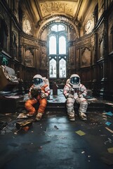 AI illustration of two astronauts sitting in a hallway with damaged flooring.