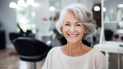 Elegant senior woman with a stylish haircut smiling in a salon, reflecting satisfaction with her hairstyling experience.Ai generated - obrazy, fototapety, plakaty