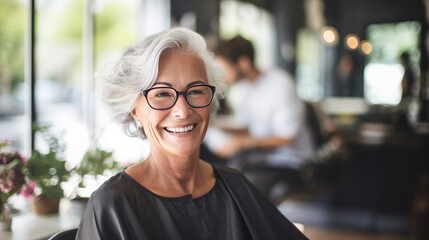 Elegant senior woman with a stylish haircut smiling in a salon, reflecting satisfaction with her hairstyling experience.Ai generated - obrazy, fototapety, plakaty