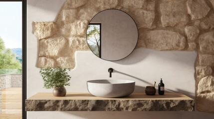 Minimalistic bathroom featuring a natural stone
