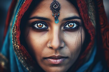 close up portrait photo of ancient beautiful indian woman with big plume on her head - obrazy, fototapety, plakaty