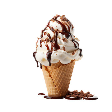 ice cream with chocolate on waffle cone isolated on white background cutout, PNG file