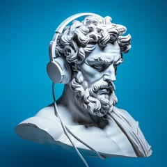 Foto op Canvas beautiful ancient Greek god sculpture using a modern headphones. pop art style. blue background. hard shadows. volumertric light. copy space © ALL YOU NEED studio