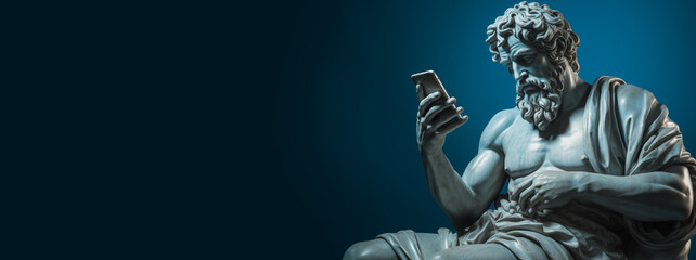 beautiful ancient Greek god sculpture using a modern phone. pop art style. blue background copy space