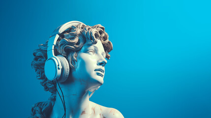 beautiful ancient Greek godess sculpture using a modern headphones. pop art style. blue background - obrazy, fototapety, plakaty