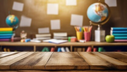 Blank wooden table top on blurred schoolchild room interior background