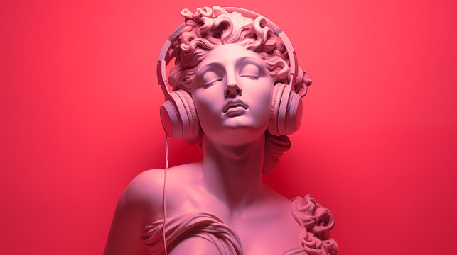 beautiful ancient Greek godess sculpture using a modern headphones. pop art style. pink solid background. hard shadows. volumertric light. copy space