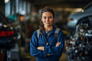 Young female mechanic with crossed arms in workshop.