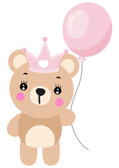 Princess teddy bear holding a pink balloon
