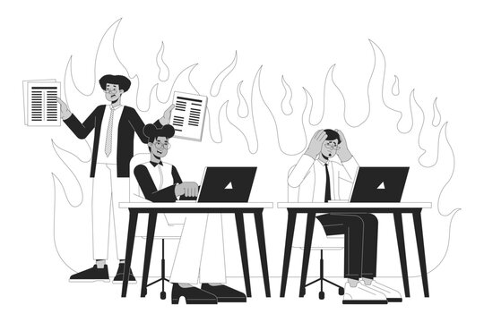 Coping with stress at work black and white 2D illustration concept. Relaxed employee and colleagues under pressure cartoon outline characters isolated on white. Burnout metaphor monochrome vector art