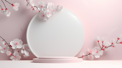 3d rendering white cherry blossom background booth, podium, stage, product commercial photography background, PPT background product cosmetics display