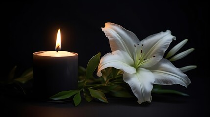 Obraz na płótnie Canvas Candle and jasmine flowers on a dark background with copy space