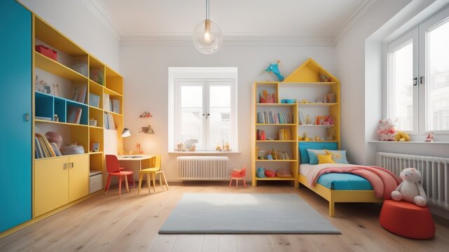  Bright children's room with kids table and shelves near window, kids furniture, kids room empty wall mock up