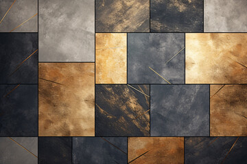 Abstract geometric square cement gray, white blue and gold pattern wall background and texture