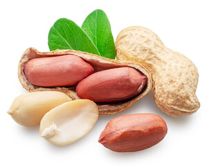 Peanut or groundnut whole and cracked on white background. Clipping path.