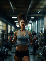 Fototapeta premium Beautiful young african american woman exercising with dumbbells in gym. ia generated