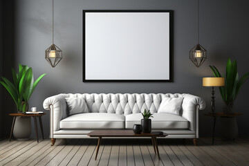 Interior of living room with a white sofa and a wooden coffee table. poster mockup. ia generative