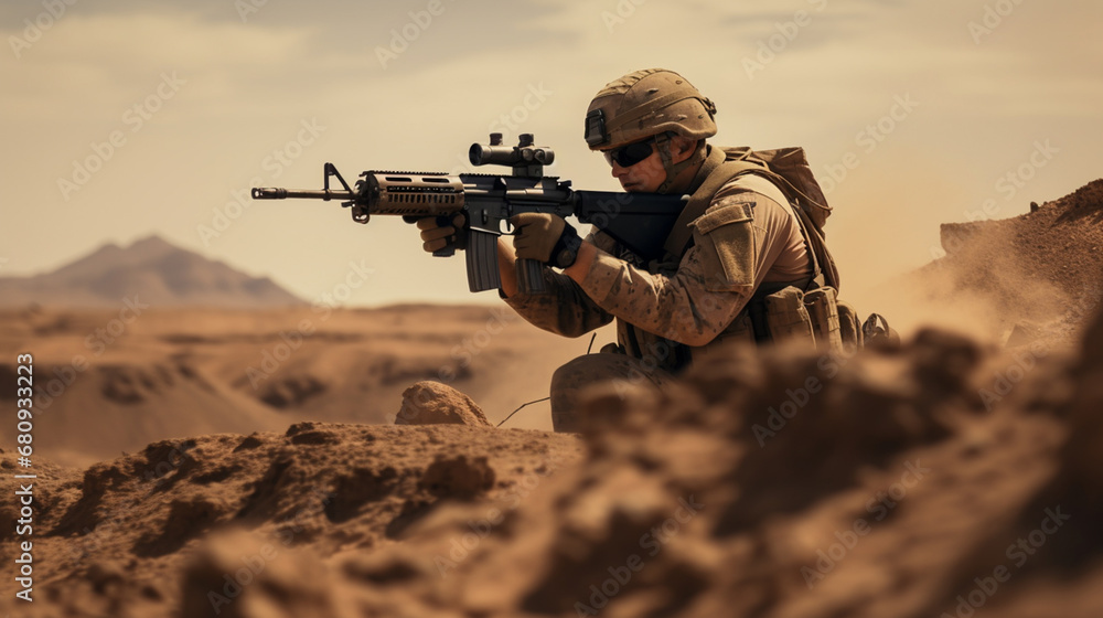 Wall mural A soldier in the desert firing his gun