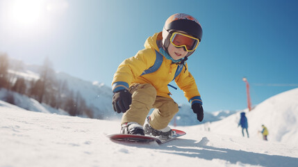 A boy goes snowboarding