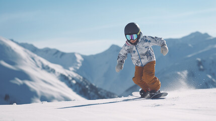 Fototapeta na wymiar A boy goes snowboarding