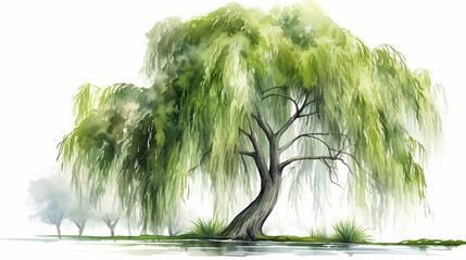 A watercolor painting of a willow tree in clipart style