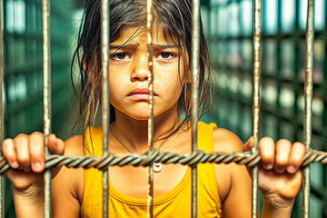 Sad young Latina in juvenile detention center. - obrazy, fototapety, plakaty