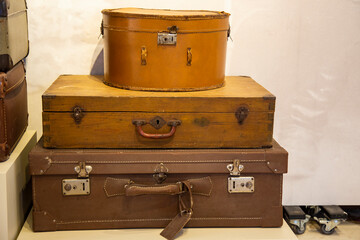 Vintage suitcases in an old museum, closeup 