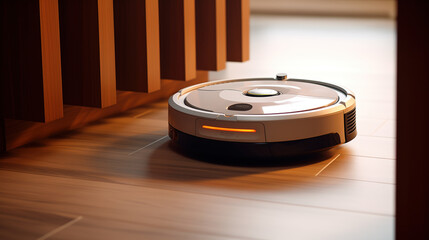 Product photo. Vacuum robot vacuum cleaner in the interior of the room.