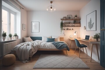  Cozy interior millennial teenage room with bed, laptop and desk