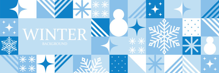 Geometric abstract blue background. Winter holiday season geometry wallpaper banner with place for text. Mosaic pattern template for design