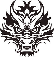 Dragon head front view logo. Simple shaped dragon stamp. Dragon with opened mouth and fangs. Asian culture symbol of a new 2024 year. Fantasy magic reptile predator. Dragon head for your design. - obrazy, fototapety, plakaty