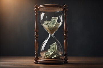 Money in an hourglass. The concept of the saying time is money - obrazy, fototapety, plakaty