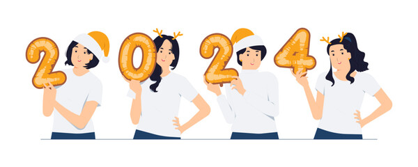 Set group of woman holding balloon number of Happy new year 2024 celebrating winter holiday concept illustration