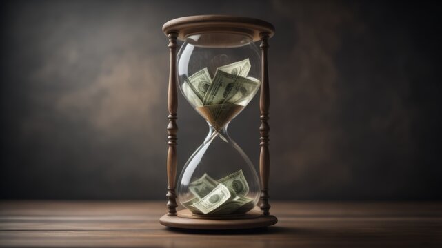 Money in an hourglass. The concept of the saying time is money - Powered by Adobe