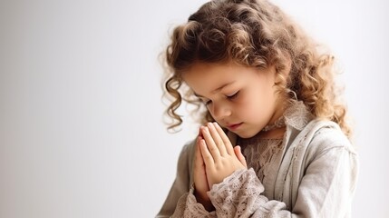 Hopeful Child Praying: Emotional Image on whiteBackground - obrazy, fototapety, plakaty