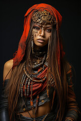 Tribal woman with tattoos and primitive tribe jewelry.
