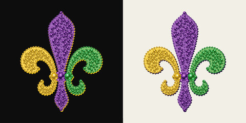 Fleur de Lis symbol made with mosaic of beads. Illustration for Mardi Gras carnival. Royal French heraldry symbol. - obrazy, fototapety, plakaty