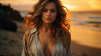 model at the beach, sunset